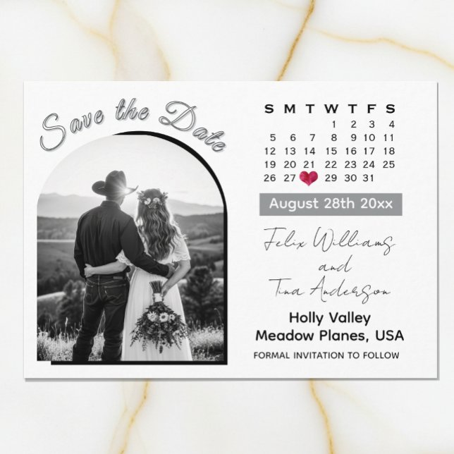 Save The Date Calendrier de mariage noir et blanc photo d'arche  (Elegant Black & White Wedding Calendar Save the Date Card)