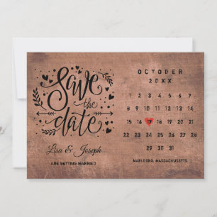Save The Date Calendrier de mise en garde Bois Rustique Cœur Rou