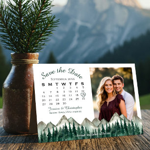 Save The Date Calendrier de montagne aux pins à l'aquarelle & Ma