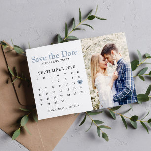 Save The Date Calendrier de photo de mariage bleu poussiéreux à