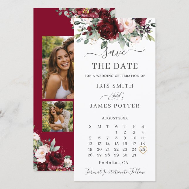 Save The Date Calendrier de photos florales de mariage teinté de (Devant / Derrière)