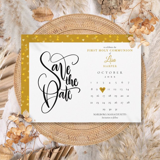 Save The Date Calendrier de première communion cœur doré (First Holy Communion Calendar Gold Heart Save The Date)