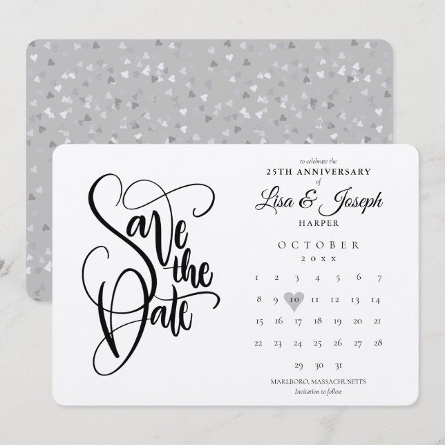 Save The Date Calendrier du 25e anniversaire Coeur argent métal (Devant / Derrière)