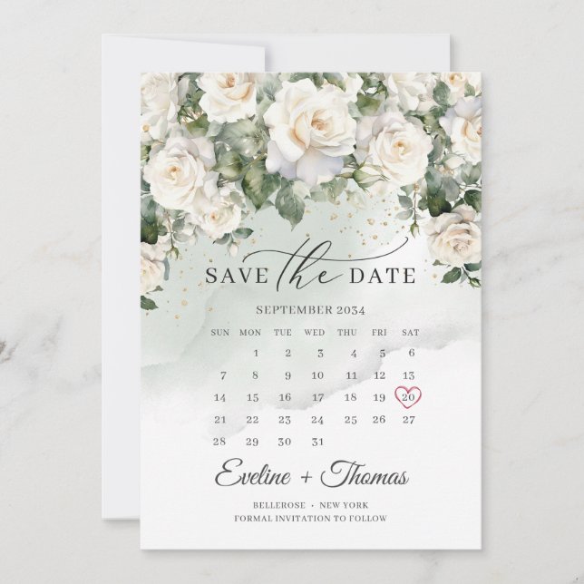 Save The Date Calendrier du mois des roses blanches modernes et  (Devant)
