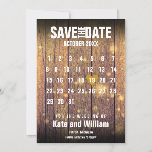Save The Date Calendrier en bois rustique pour annoncer la date (Devant)