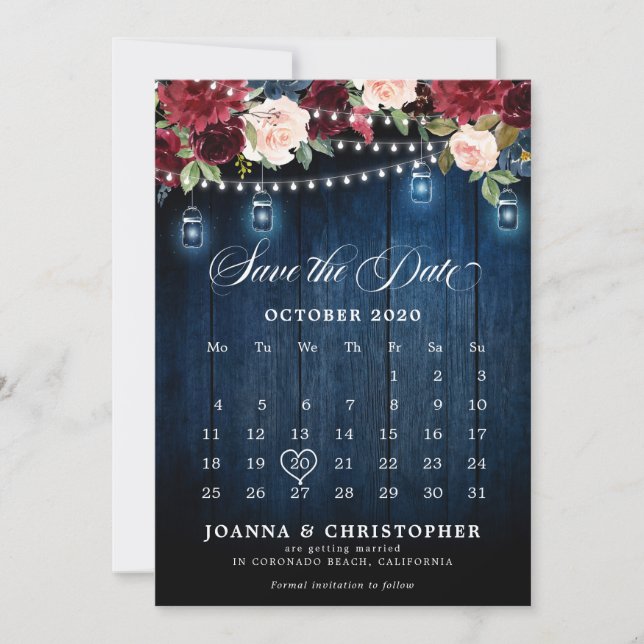 Save The Date Calendrier en jarre mason fleuri en bois rustique  (Devant)