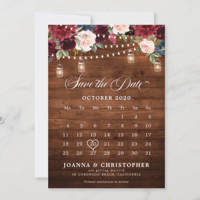 Save The Date Calendrier en pot Mason floral en bois rustique bo (Devant)