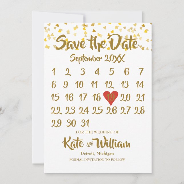 Save The Date Calendrier Enregistrer la Date Or Amour Cœurs Conf (Devant)