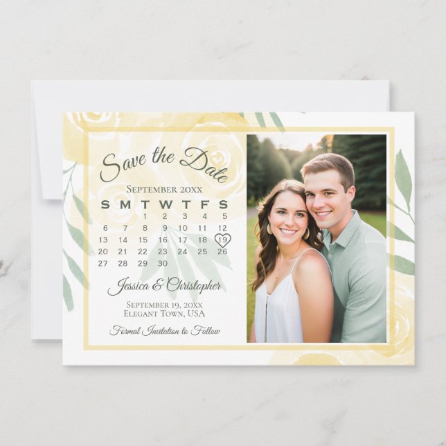 Save The Date Calendrier et mariage photo de roses boho jaune et (Devant)