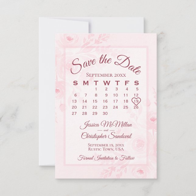 Save The Date Calendrier Floral Aquarelle Rose Fardé Mariage  (Devant)
