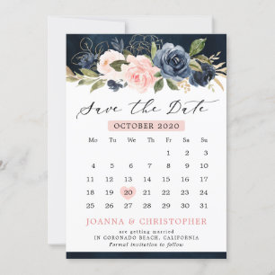 Save The Date Calendrier floral bleu bleu bleu rose bleu marine