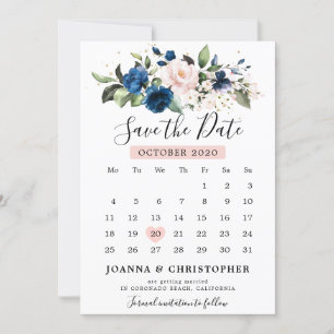 Save The Date Calendrier floral bleu bleu bleu rose bleu marine