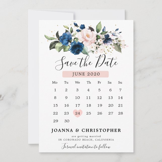 Save The Date Calendrier floral bleu bleu bleu rose bleu marine (Devant)