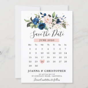 Save The Date Calendrier floral bleu bleu bleu rose bleu marine