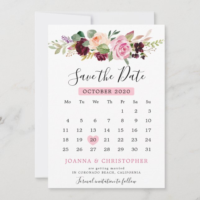 Save The Date Calendrier floral botanique rose prune violet roug (Devant)