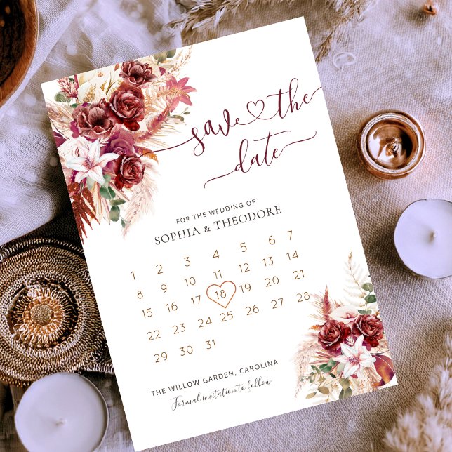 Save The Date Calendrier floral Bourgogne & Blush (Créateur téléchargé)