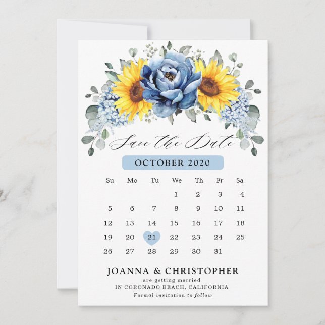 Save The Date Calendrier floral de pivoine d'ardoise bleu poussi (Devant)