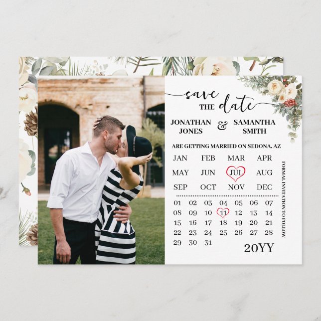 Save The Date Calendrier floral hivernal avec photo (Devant / Derrière)