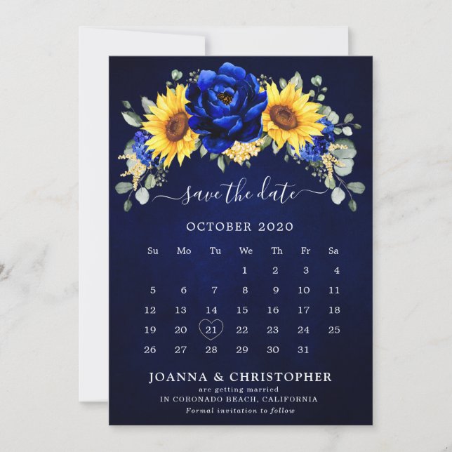 Save The Date Calendrier floral moderne de tournesol rustique bl (Devant)