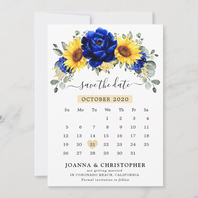 Save The Date Calendrier floral moderne Tournesol bleu royal rus (Devant)