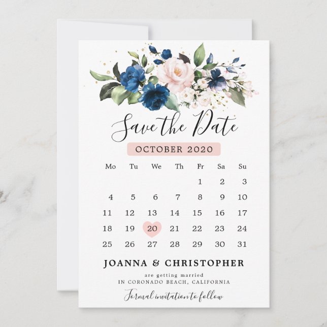Save The Date Calendrier floral Rose Fushia Bleu Marine (Devant)