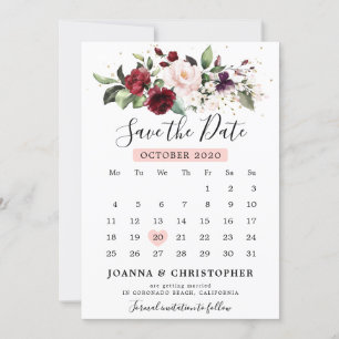 Save The Date Calendrier floral rose rouge burgundy romantique