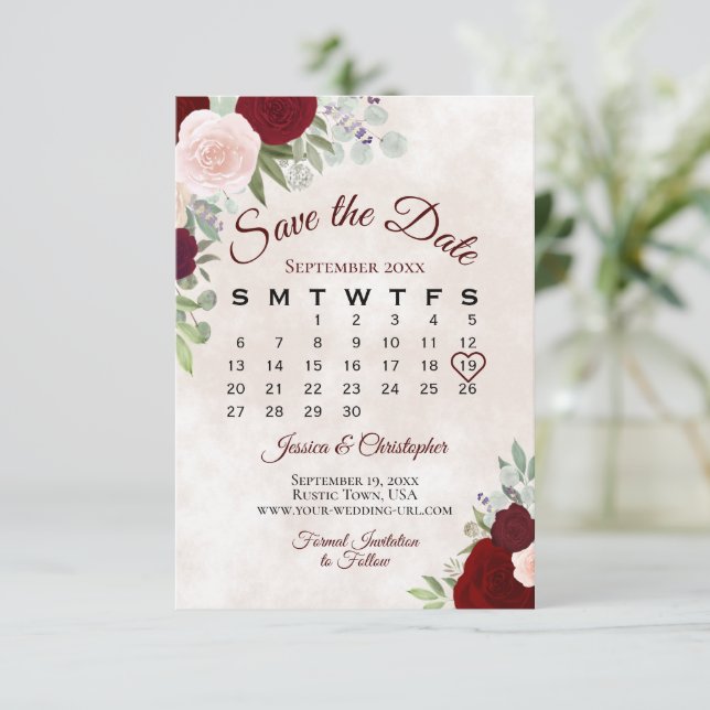 Save The Date Calendrier Mariage Boho Elegant Rose & Red Roses (Debout devant)