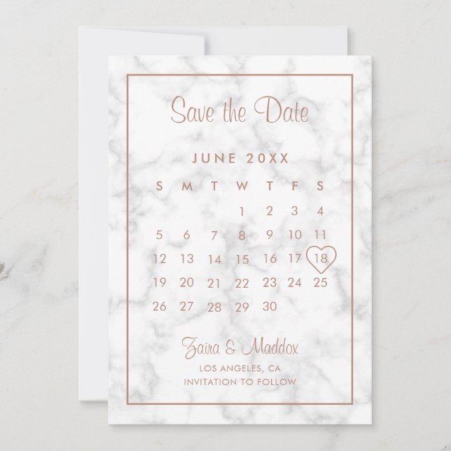 Save The Date Calendrier Mariage Moderne en Marbre et Or Rose (Devant)