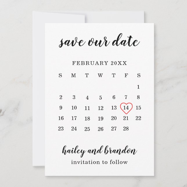 Save The Date Calendrier mignon Coeur rouge Mariage moderne (Devant)