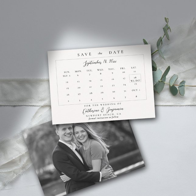 Save The Date Calendrier Moderne Calligraphie Élégant Mariage ph (wedding calendar save the date modern minimalist calligraphy black white photo template)