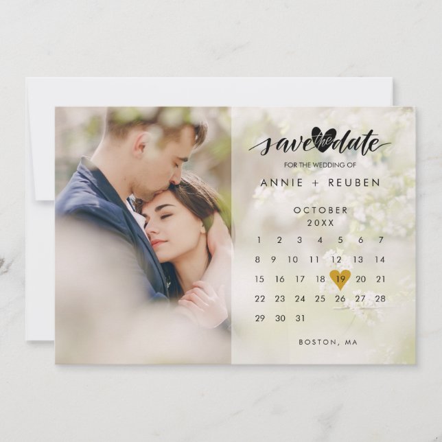 Save The Date Calendrier Moderne Or Coeur Amour Photo (Devant)