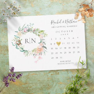 Save The Date Calendrier Monogramme Cœur Floral Doré Mariage