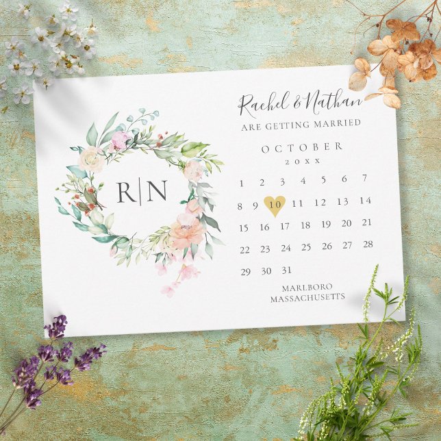 Save The Date Calendrier Monogramme Cœur Floral Doré Mariage (Créateur téléchargé)
