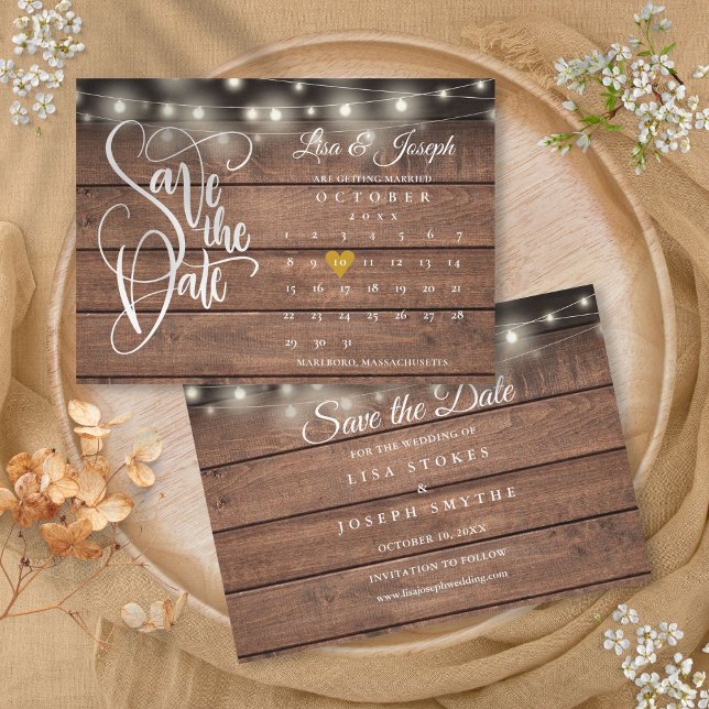 Save The Date Calendrier Or Cœur Bois Rustique Mariage (Calendar Gold Heart Rustic Wood Wedding Save The Date)
