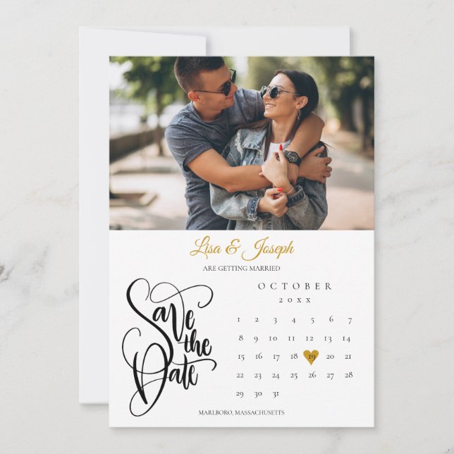 Save The Date Calendrier Or Cœur Photo (Devant)