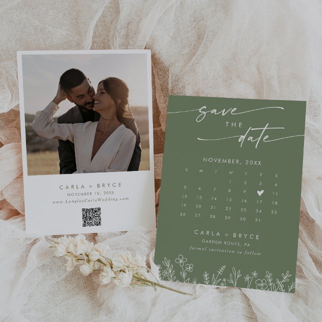 Save The Date Calendrier photo Boho Olive Wildflower avec code Q (Créateur téléchargé)