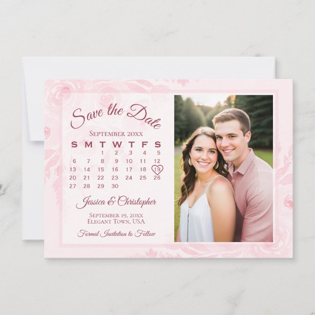 Save The Date Calendrier & Photo de Mariage Bohème en Rose Pâle  (Devant)