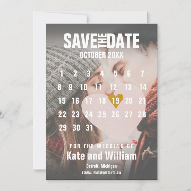 Save The Date Calendrier photo moderne Chic Gold Love Heart (Devant)