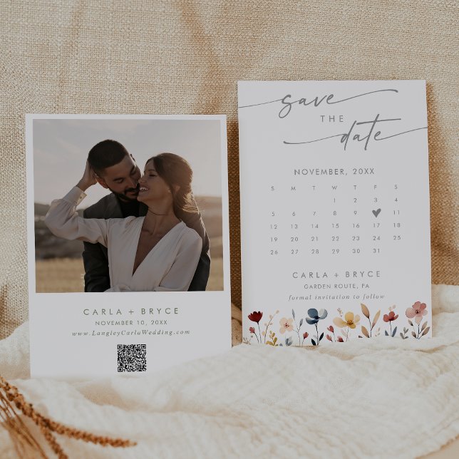 Save The Date Calendrier photo QR Code de fleurs sauvages bohème (Créateur téléchargé)
