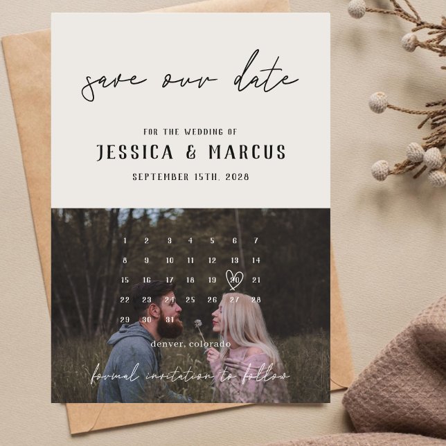 Save The Date Calendrier Rétro Simple et Propre | Mariage Photo  (Créateur téléchargé)