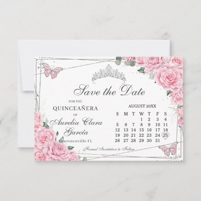 Save The Date Calendrier Sweet sixteen Quinceanera Floral Rose (Devant)