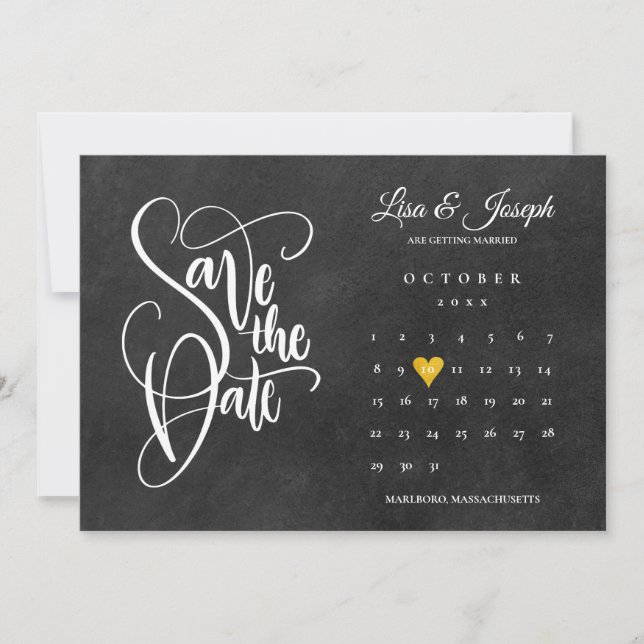Save The Date Calendrier Tableau Noir Cœur Amour Or (Devant)