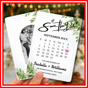 Save The Date Calendrier vert Sage avec Mariage de coeur