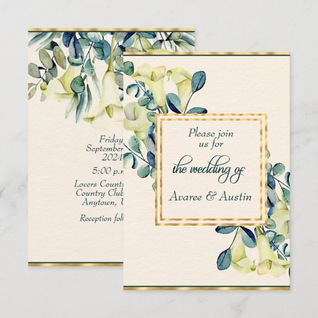 Save The Date Calla des marais blanc et Eucalyptus  (Devant / Derrière)