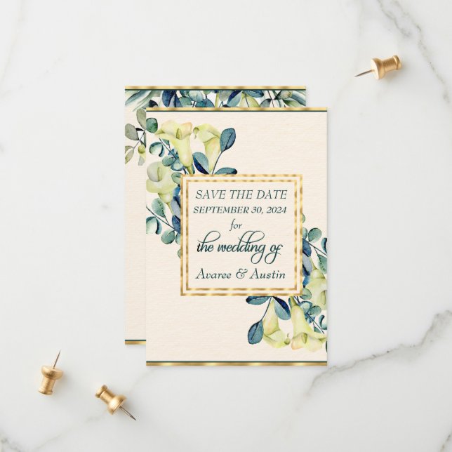 Save The Date Calla Lily et Eucalyptus blancs (Devant/Arrière en situation)
