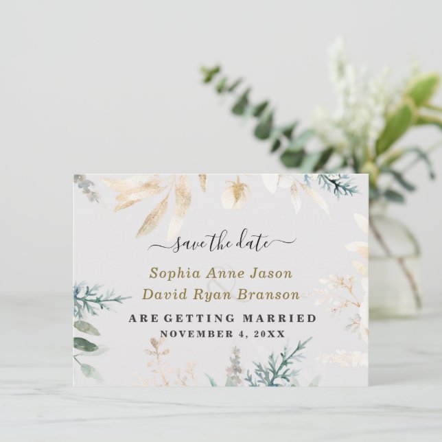 Save The Date Calligraphie de mariage feuilles dorées verdure él (Debout devant)