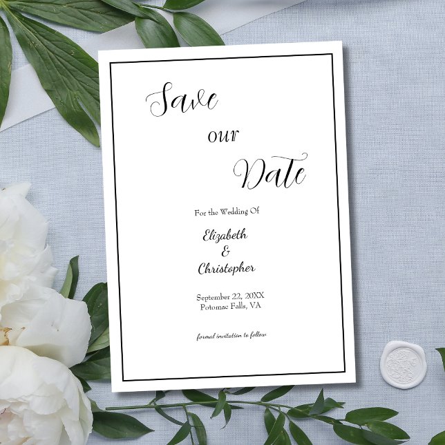 Save The Date Calligraphie de script Formel Traditionnel Mariage (Black White Calligraphy Script Minimalist Modern Elegant  Wedding Save the Date Card)
