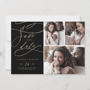 Save The Date Calligraphie d'or romantique Black 3 Photo Colla
