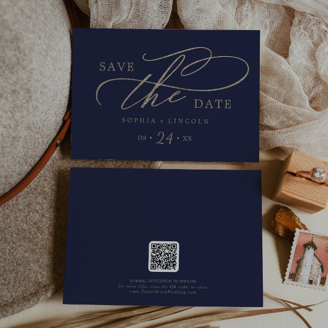 Save The Date Calligraphie d'or romantique Marine QR Code horizo (Créateur téléchargé)