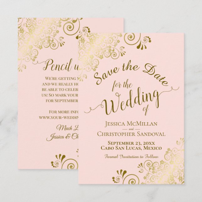 Save The Date Calligraphie dorée élégante sur rose blush pour ma (Devant / Derrière)